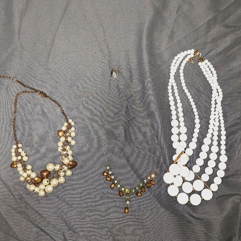3 statement necklaces from early 2000s pearl and hearts sparkly vintage green